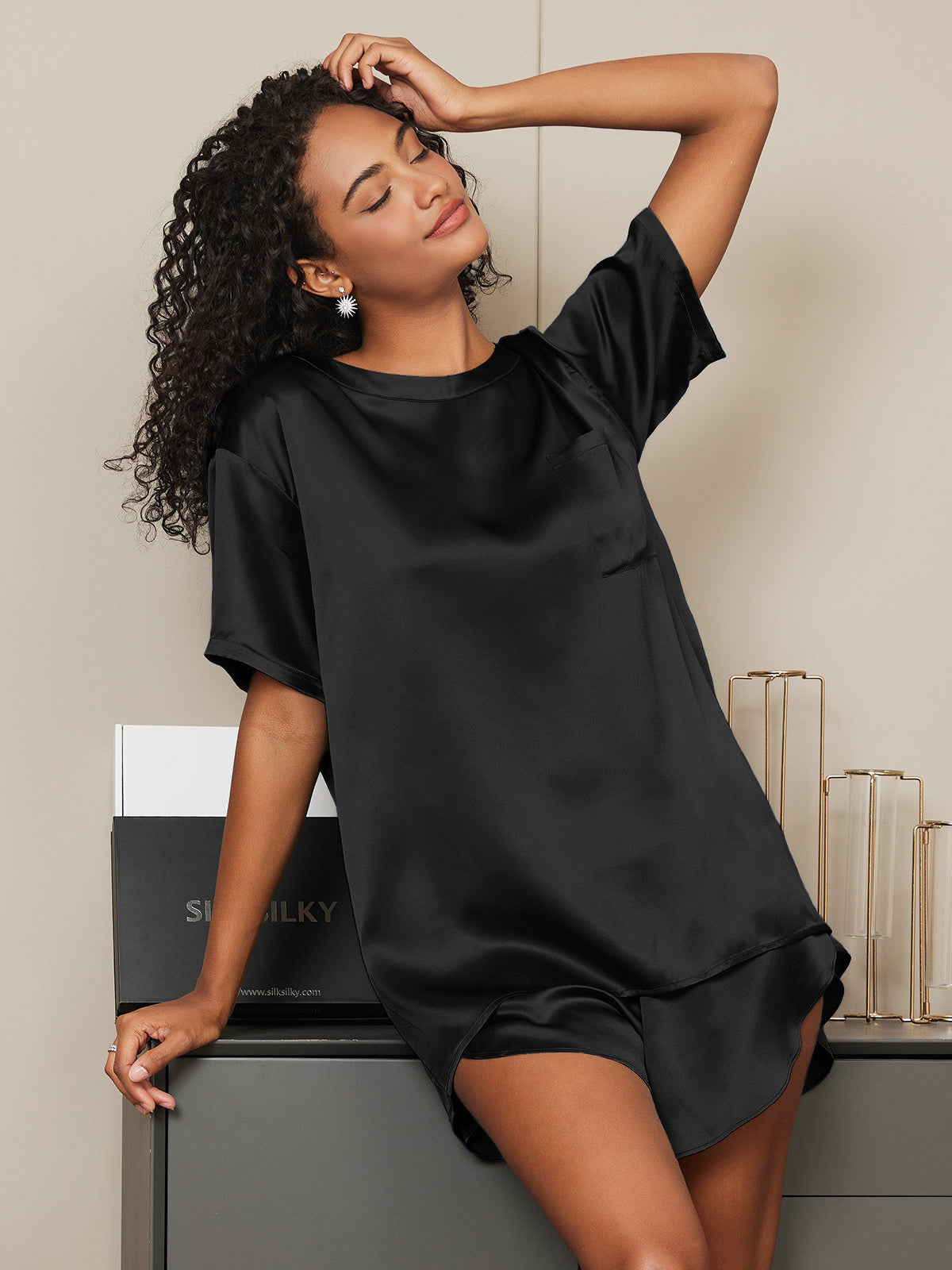 [Black] SilkSilky  Pure Silk Round Neck Women's Pajamas 006