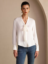 [White] SilkSilky Long Sleeve Tie Neck Women's Blouse 001