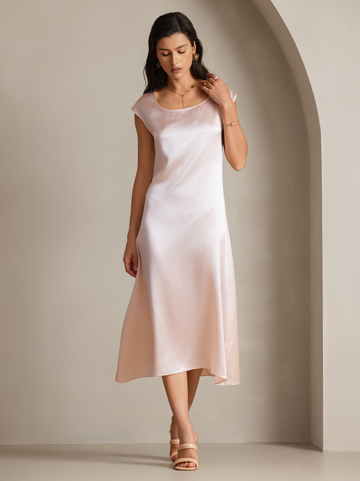 SilkSilky  19Momme Silk Sleeveless Round Neck Dress Pink 005