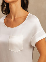 [White] SilkSilky  19Momme Machine-Washable Silk Short Sleeve Round Neck Nightgown 004