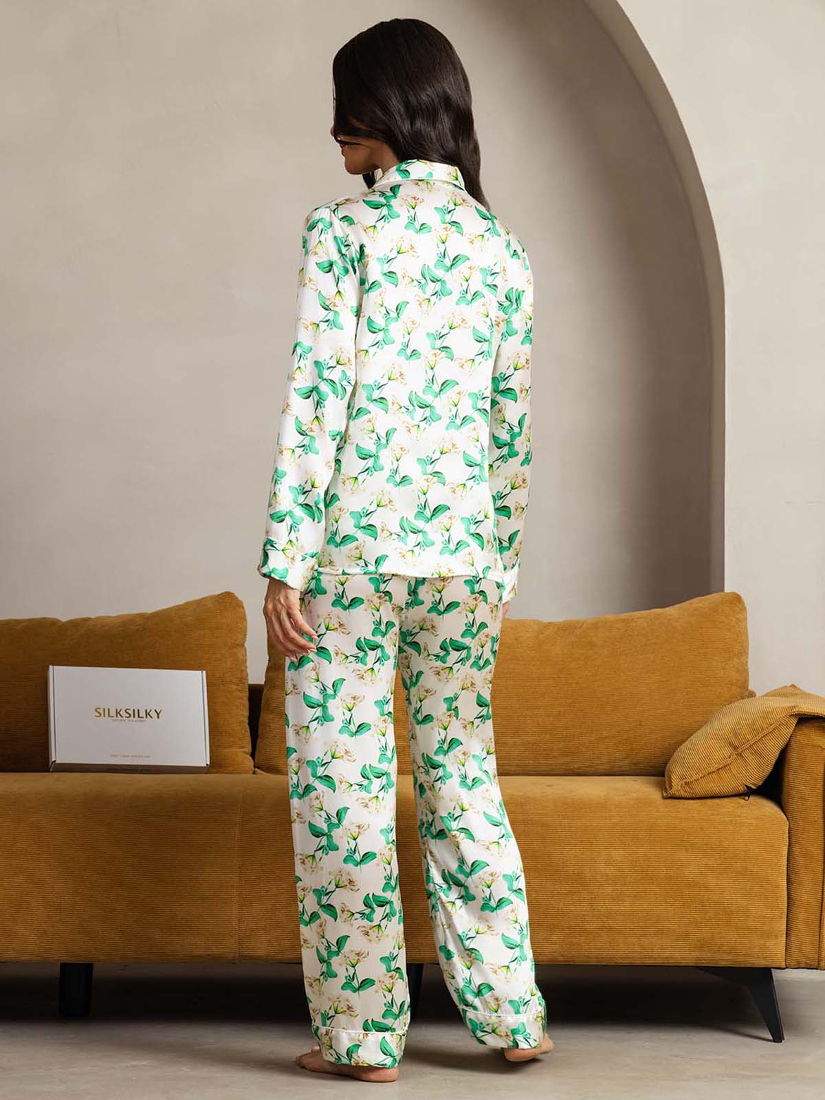 [Green Floral] SilkSilky  Pure Silk Womens Pajamas 002
