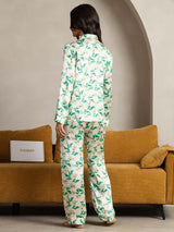 [Green Floral] SilkSilky  Pure Silk Notch Collar Women's Pajamas 003,