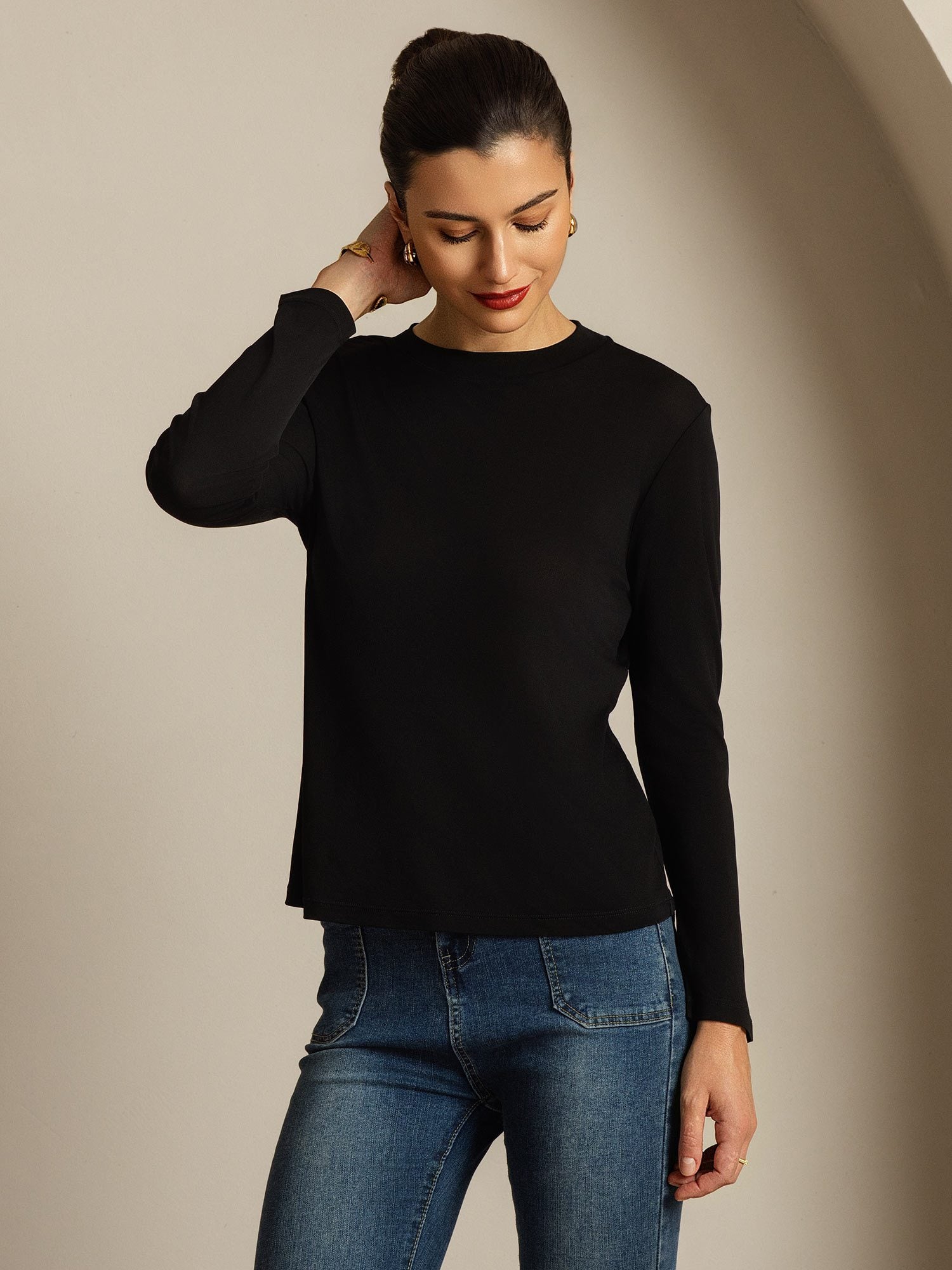 [Black] SilkSilky Pure Silk Round Neck Women's T-Shirt 006