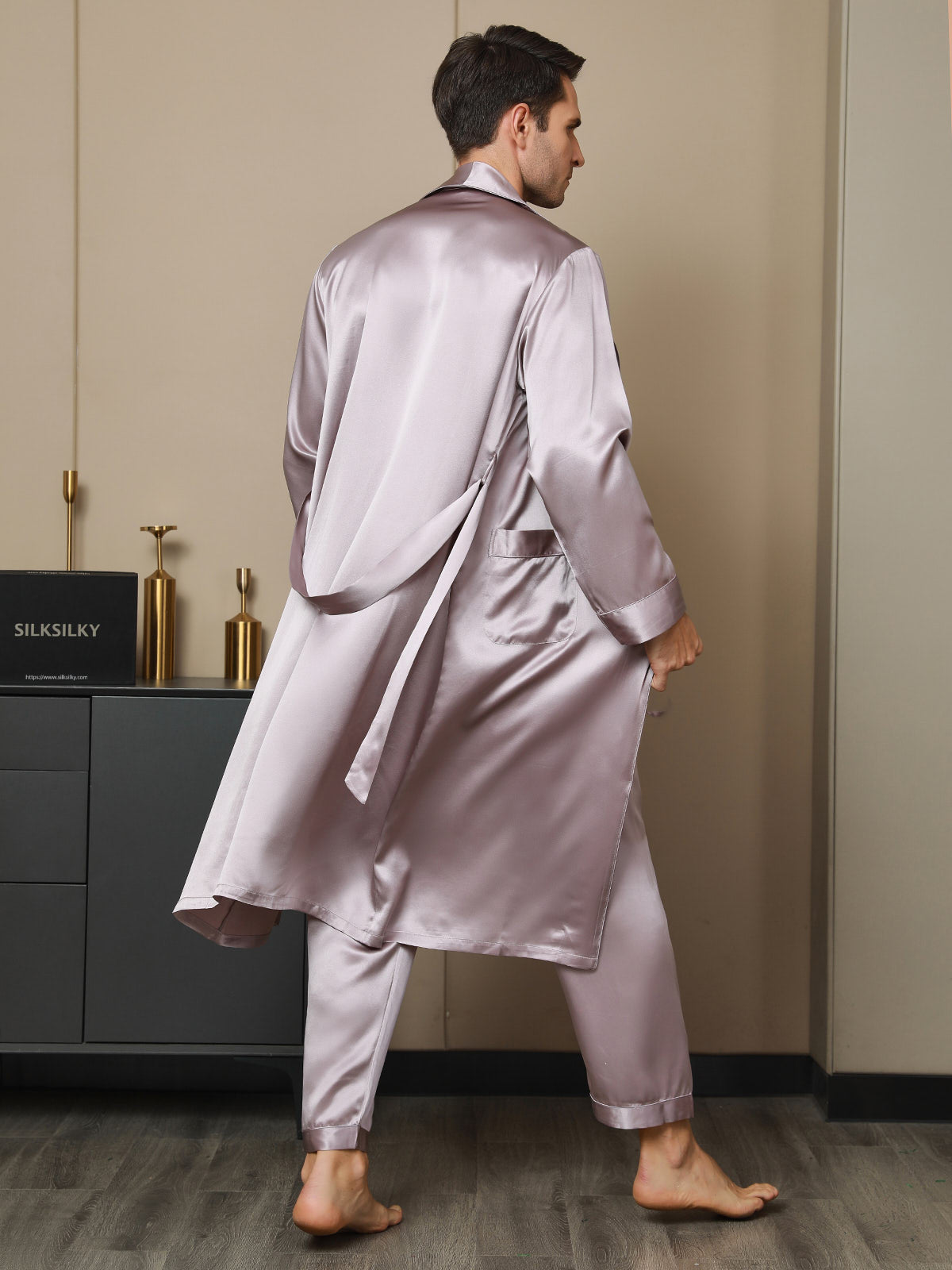 SilkSilky US Pure Silk Long Sleeve Lapel Men's Robe PaleMauve 002