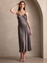 [Dark Khaki] SilkSilky  Spaghetti Strap V Neck Dress 004