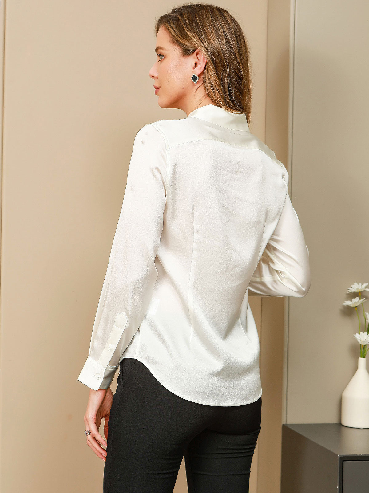 SilkSilky  Silk Blend Long Sleeve Collar Women's Shirt White 002