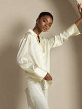 [Ivory] SilkSilky  19Momme Long Sleeve Notch Collar Women's Shirt 007