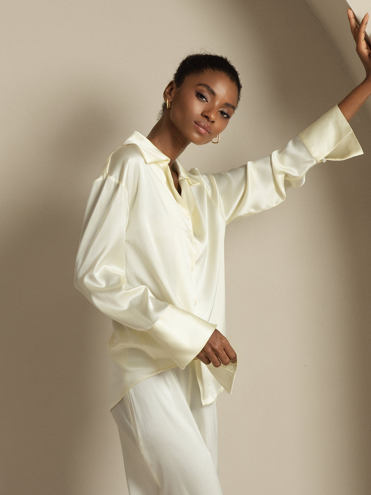 [Ivory] SilkSilky  19Momme Silk Notch Collar Women's Shirt 007