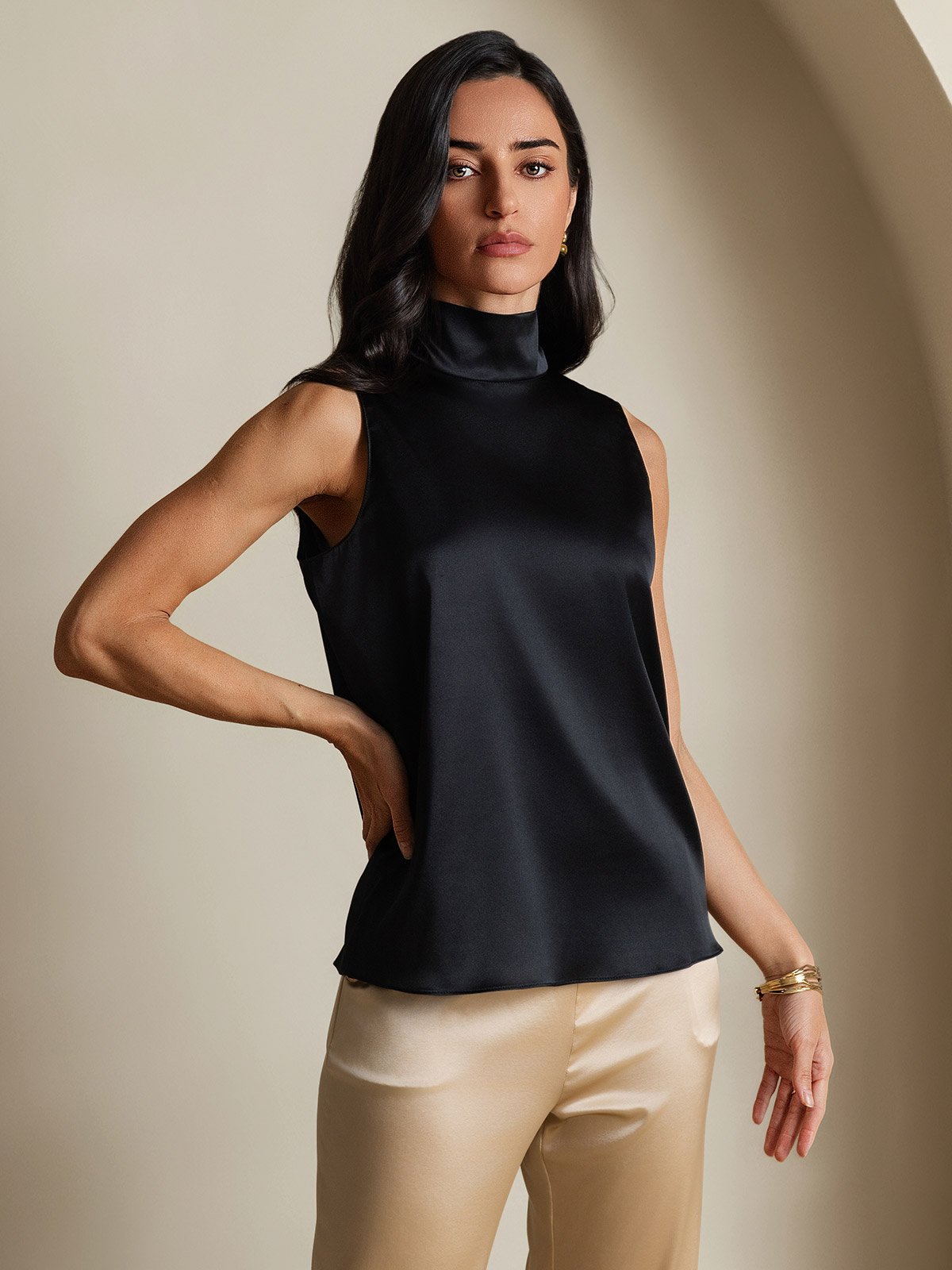 SilkSilky 19Momme Silk Tie Neck Women's Shirt Black 006