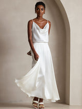 [White] SilkSilky  19Momme Stretch Silk Charmeuse Spaghetti Strap Cowl Neck Camisole Top 007