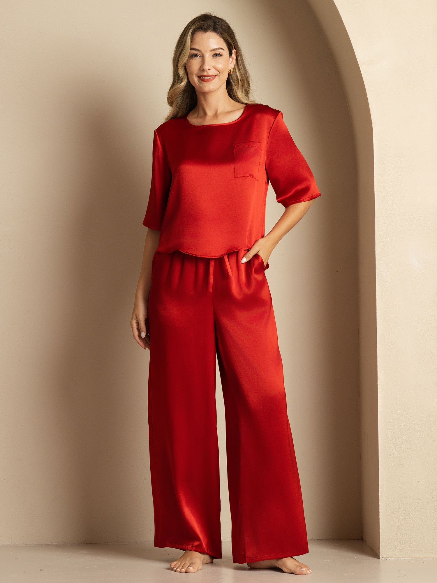 [Wine] SilkSilky  Pure Silk Round Neck Women's Pajamas 003