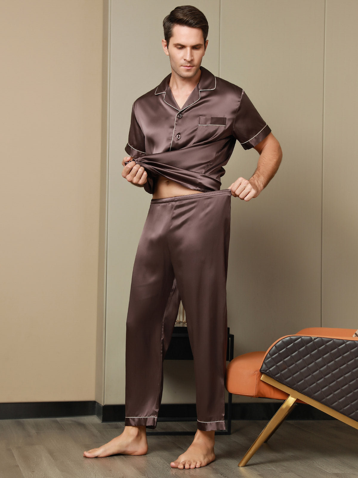 SilkSilky  Pure Silk Short Sleeve Lapel Men's Pajamas Coffee 007