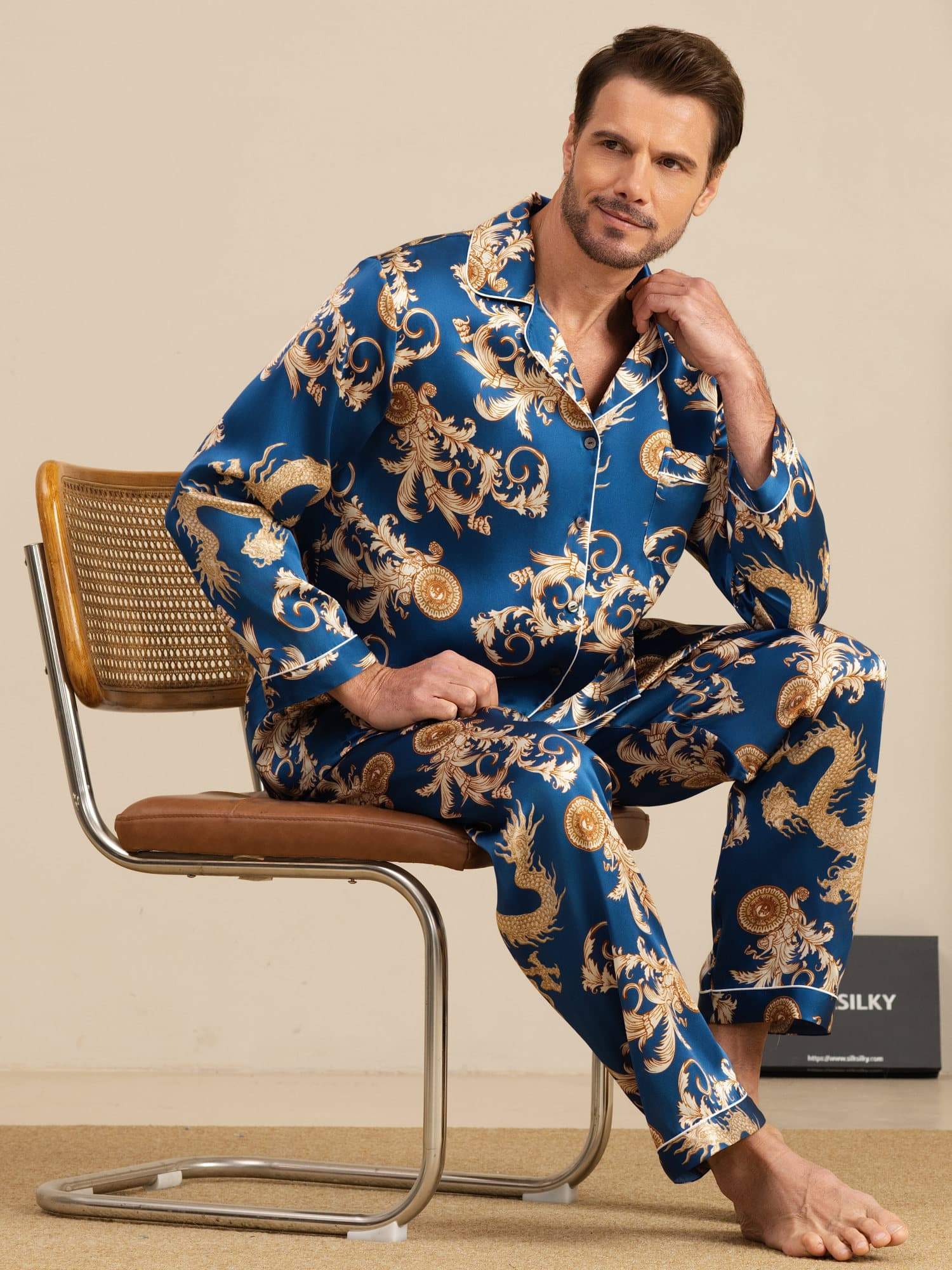 [Navy Dragon] SilkSilky Long Sleeve Notch Collar Men's Pajamas 001