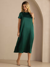 [Dark Green] SilkSilky Short Sleeve Round Neck Dress 004
