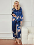 SilkSilky US 19Momme Pure Silk Long Sleeve Lapel Women's Pajamas DarkBlue 005