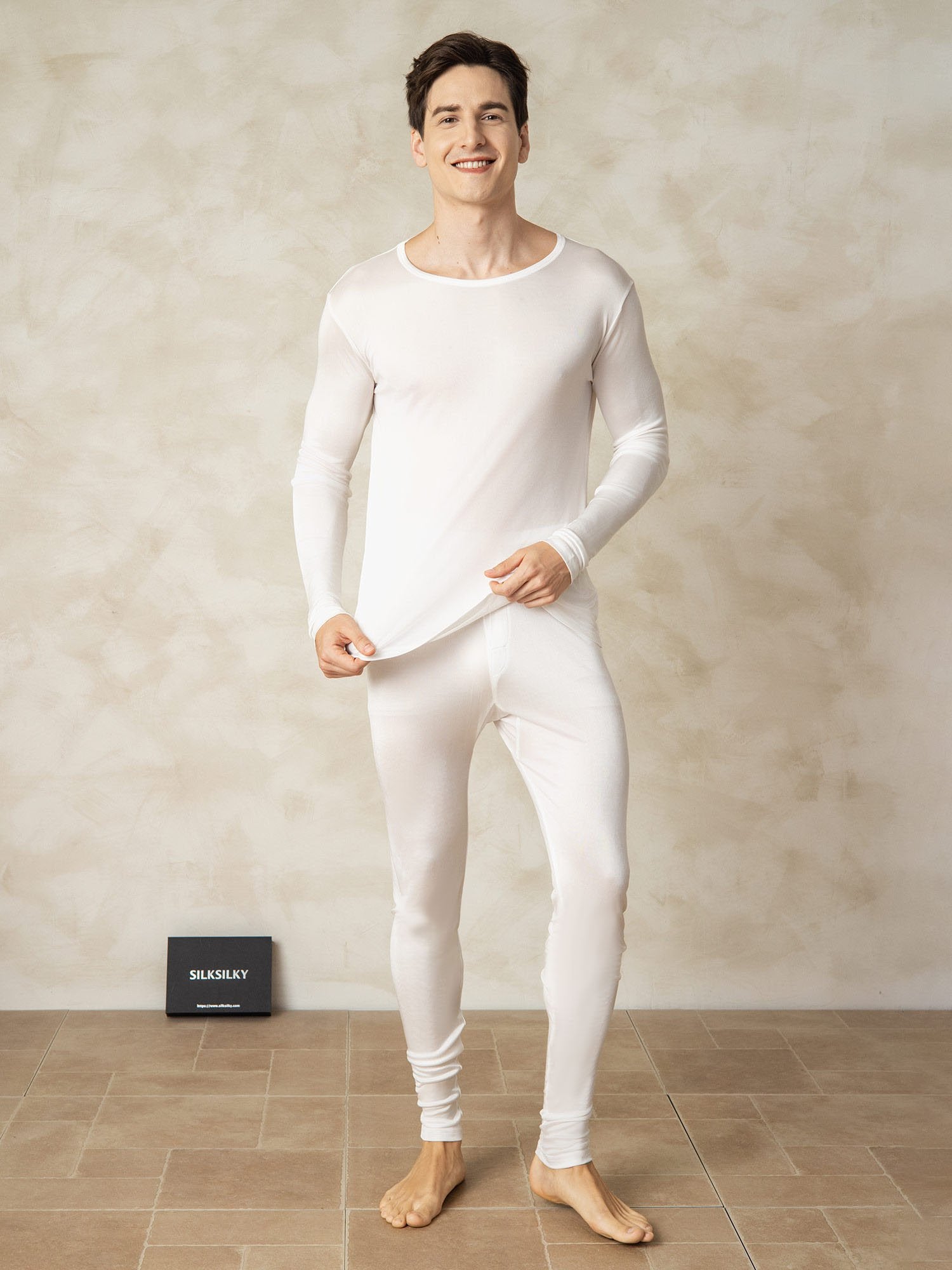 [White] SilkSilky Silk Round Neck Men's Pajamas 001