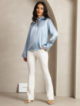 [Grayish Blue] SilkSilky  19Momme Silk Keyhole Neck Women's Shirt 012