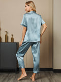 SilkSilky US Pure Silk Short Sleeve Lapel Women's Pajamas SteelBlue 005