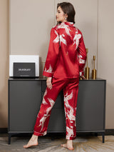 [Dark Red] SilkSilky  19Momme Long Sleeve Notch Collar Women's Pajamas 006