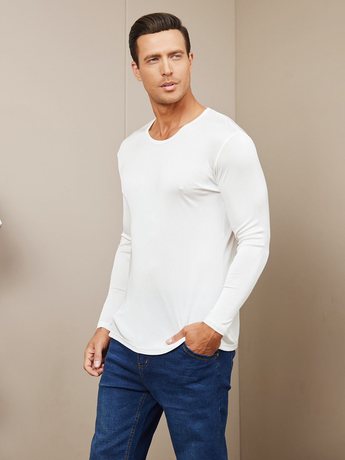 SilkSilky US Silk Knitted Long Sleeve Round Neck Men's T Shirt White 001