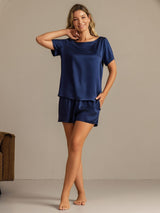 [Dark Blue] SilkSilky  Short Sleeve Round Neck Women's Pajamas 006