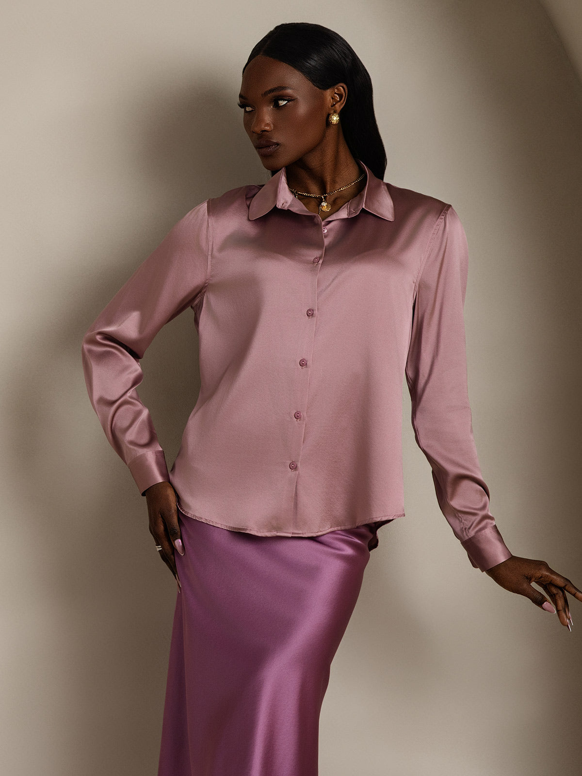 SilkSilky  Silk Blend Long Sleeve Collar Women's Shirt PaleMauve 005