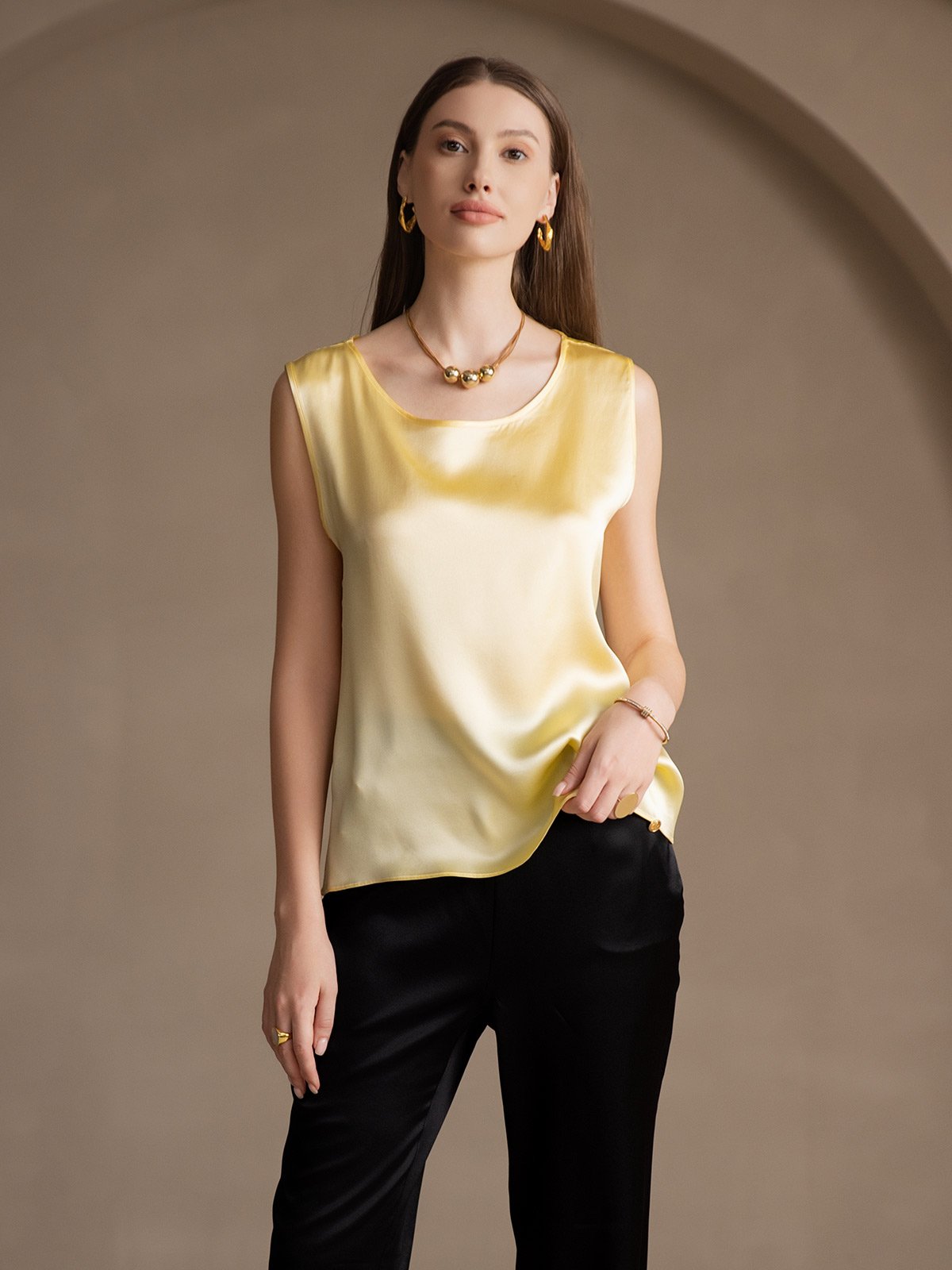 [Light Yellow] SilkSilky  19Momme Silk Round Neck Camisole Top 001
