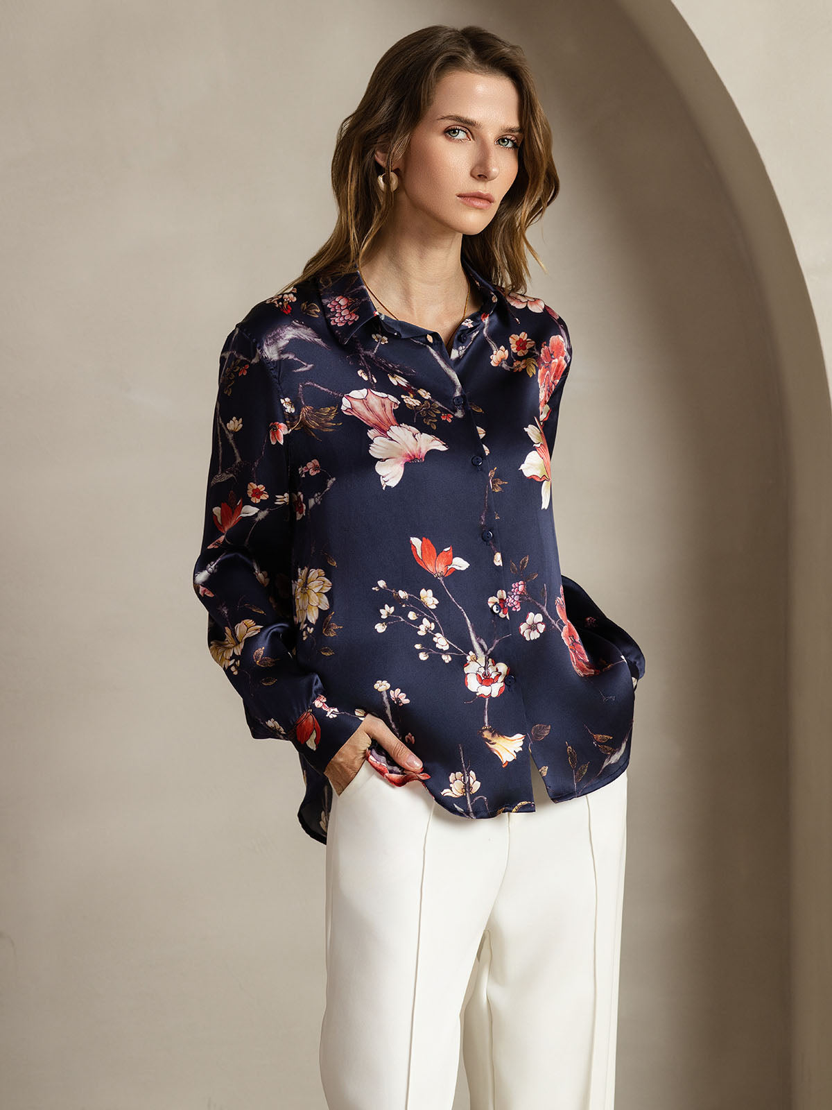 [Navy Floral] SilkSilky  Silk Lapel Collar Women's Shirt 001