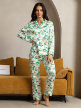 [Green Floral] SilkSilky  Pure Silk Notch Collar Women's Pajamas 004,