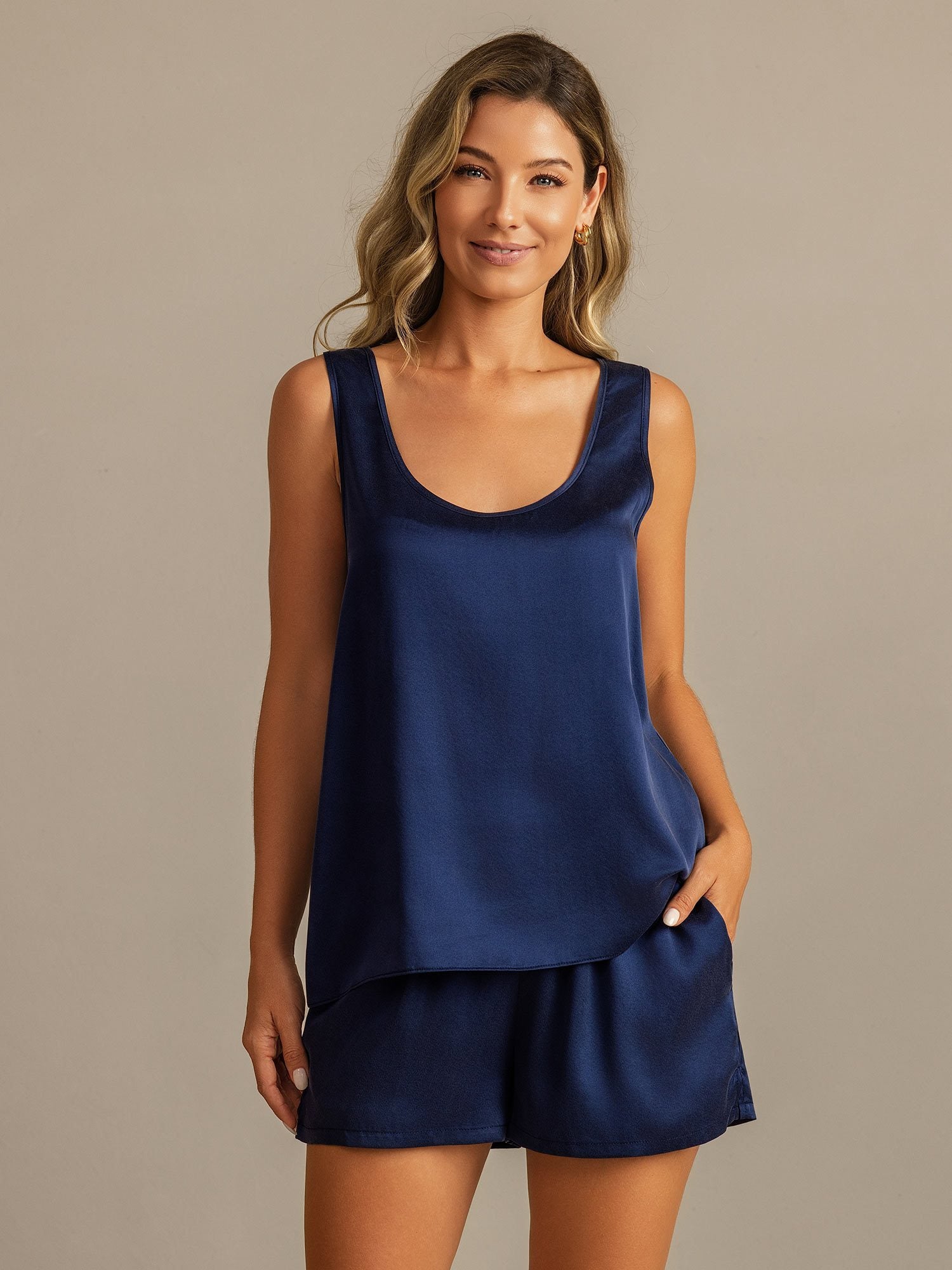 [DarkBlue] SilkSilky 19Momme Silk U Neck Women's Pajamas 001