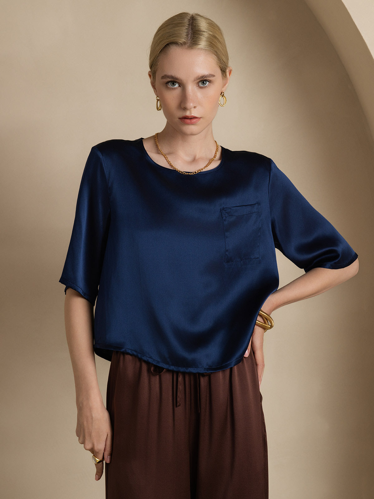 [Dark Blue] SilkSilky  Pure Silk Boat Neck Women's T-Shirt 003