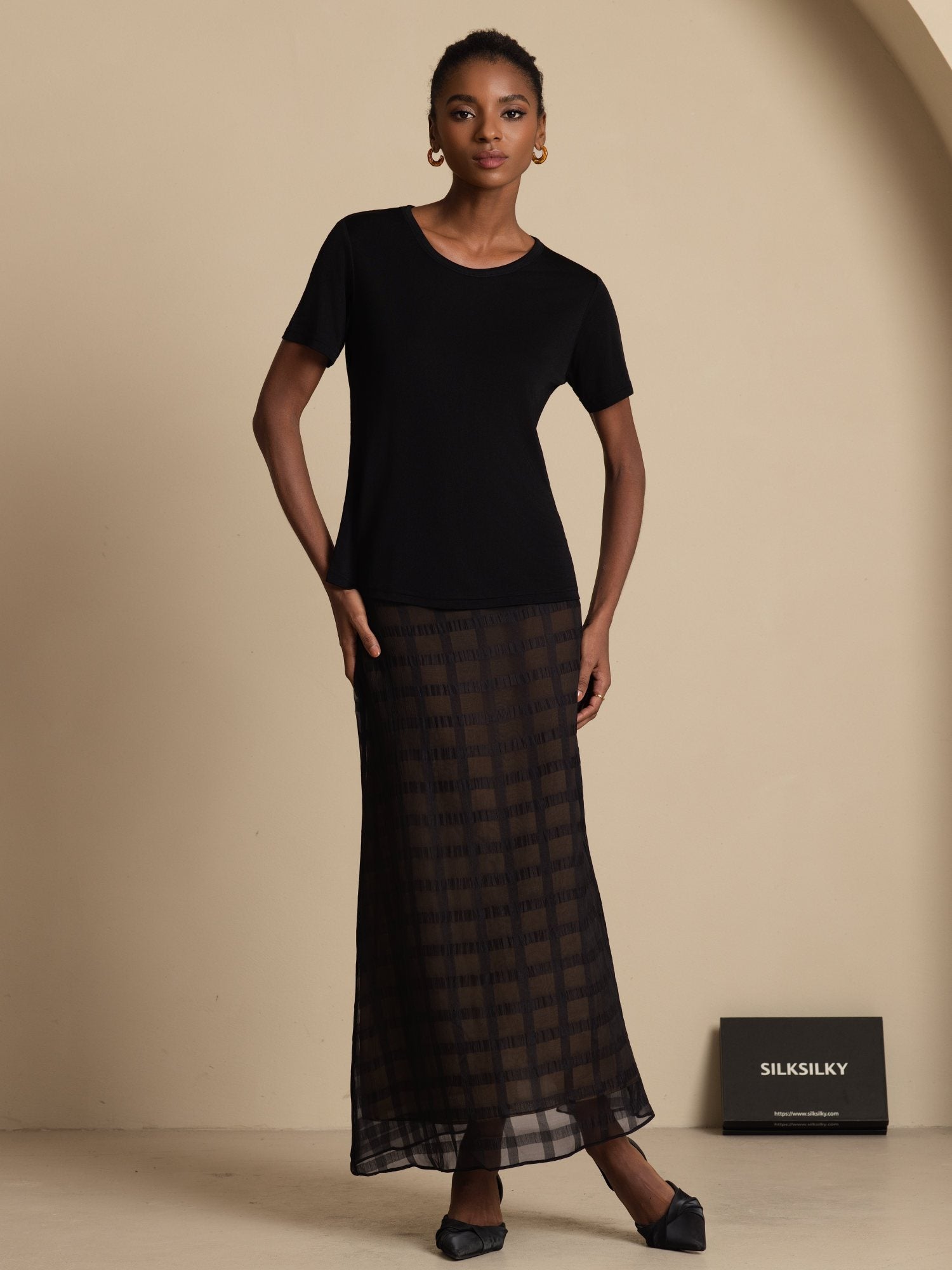 [Black] SilkSilky Pure Silk Skirt 005
