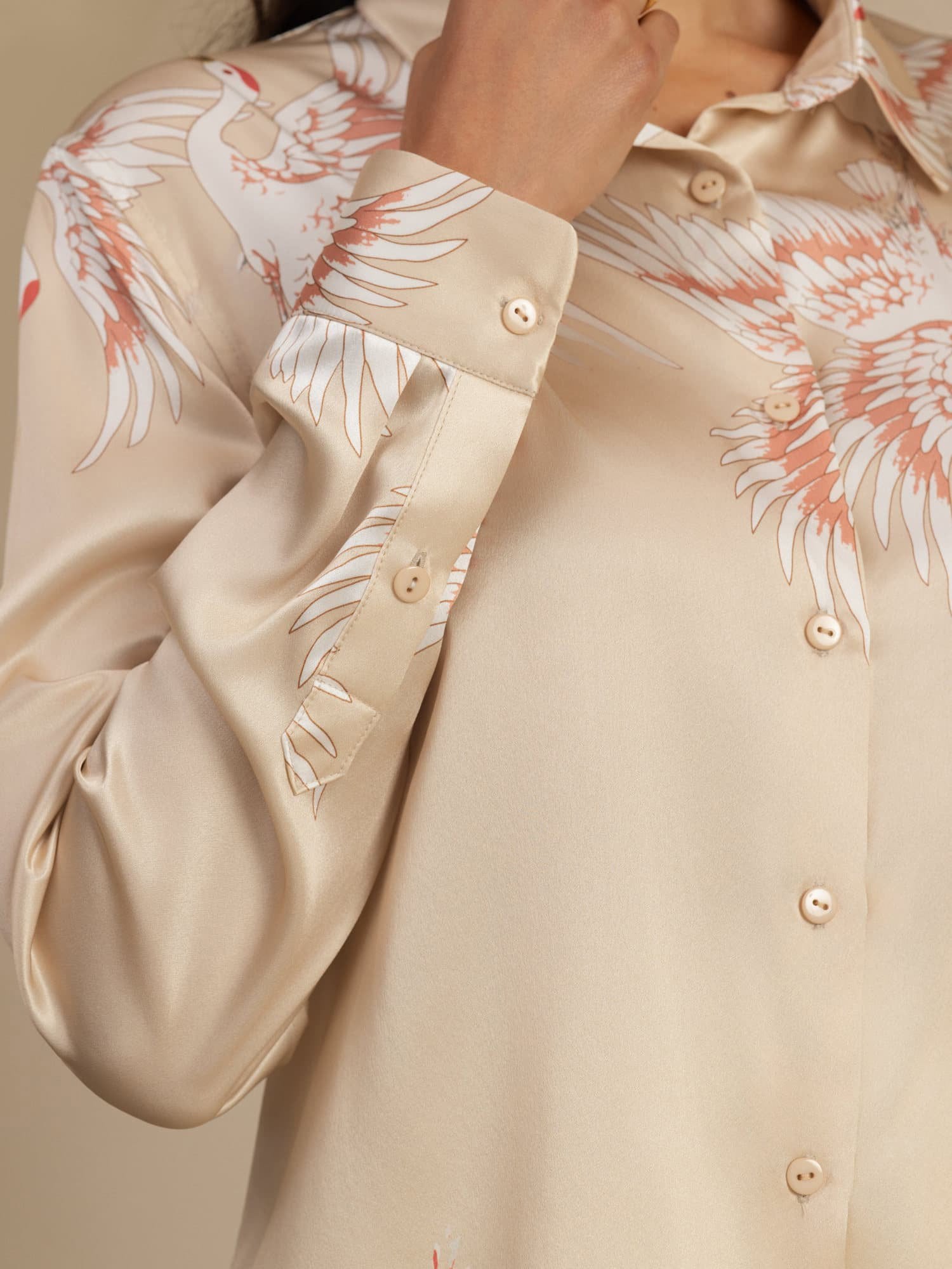 [Champagne] SilkSilky  19Momme Long Sleeve Lapel Collar Women's Shirt 005