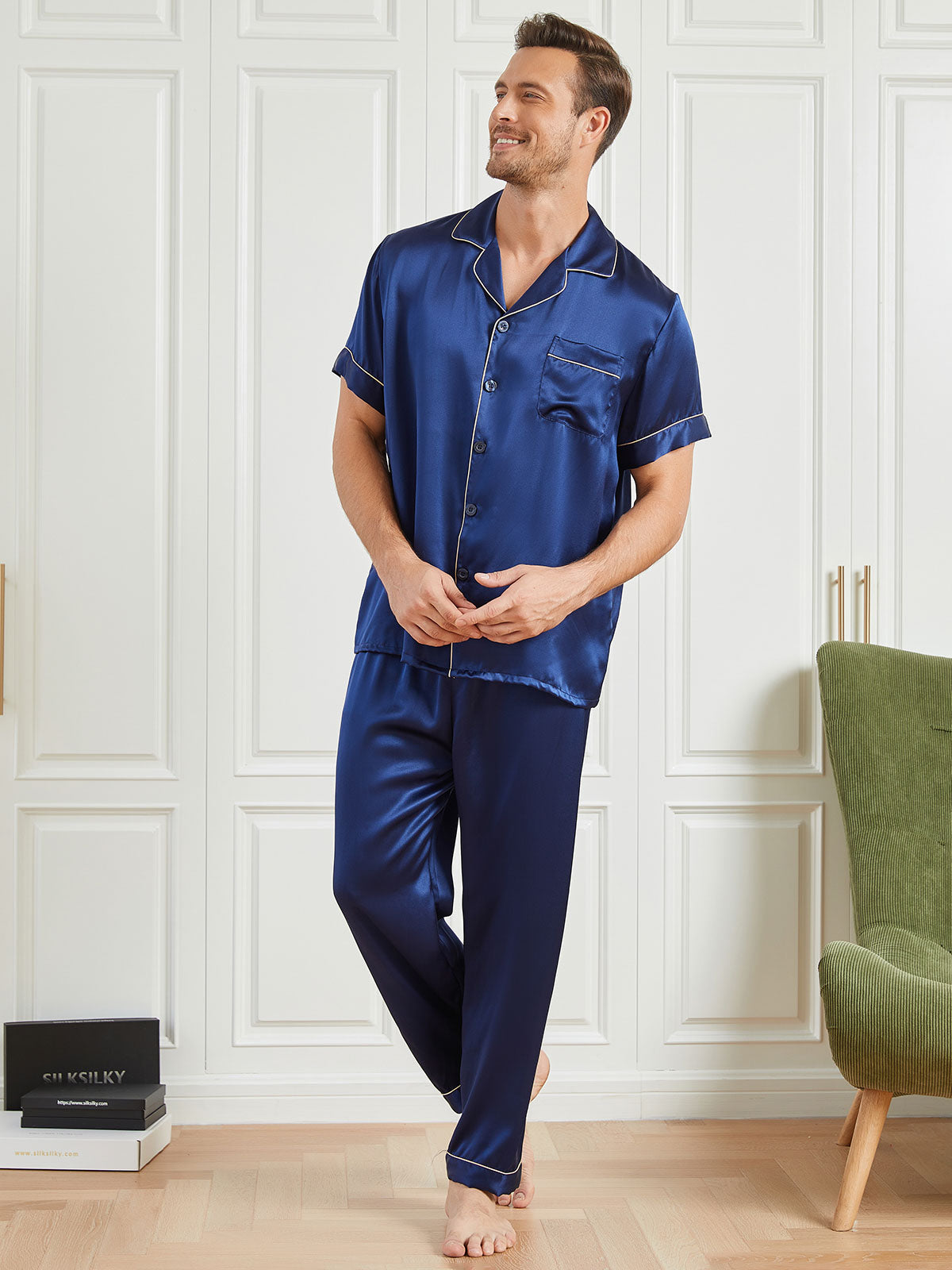 [Dark Blue] SilkSilky  19Momme Short Sleeve Men's Pajamas 003