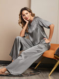 SilkSilky US Pure Silk Half Sleeve Round Neck Women's Pajamas DarkGray 006