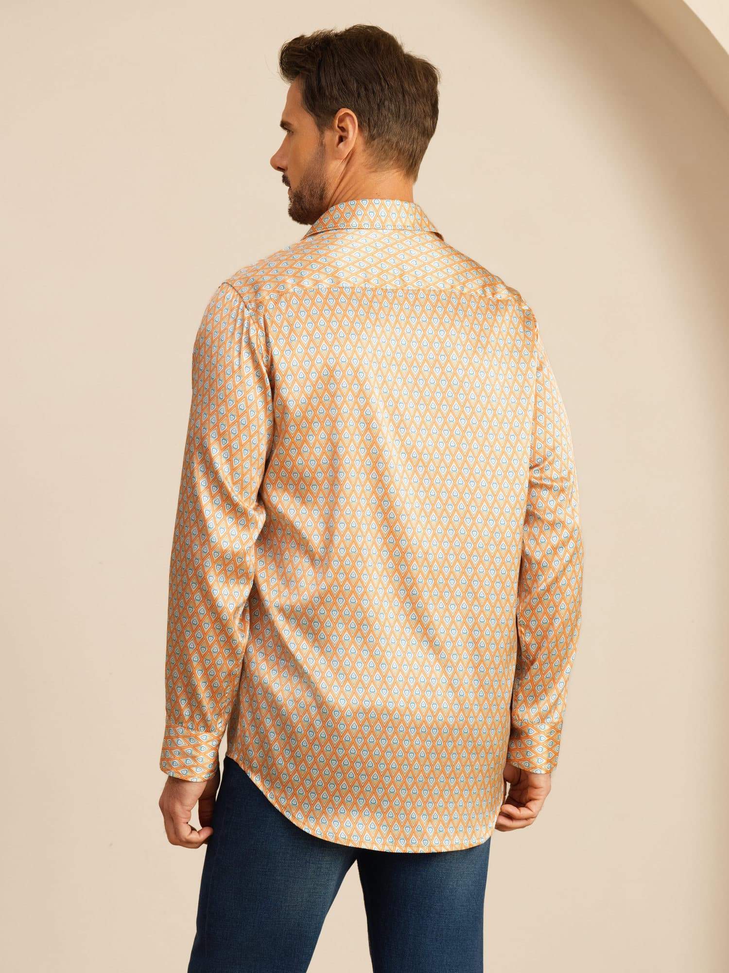 [Yellow Heart Geo] SilkSilky 19Momme Stretch Silk Charmeuse Long Sleeve Lapel Collar Men's Shirt 002