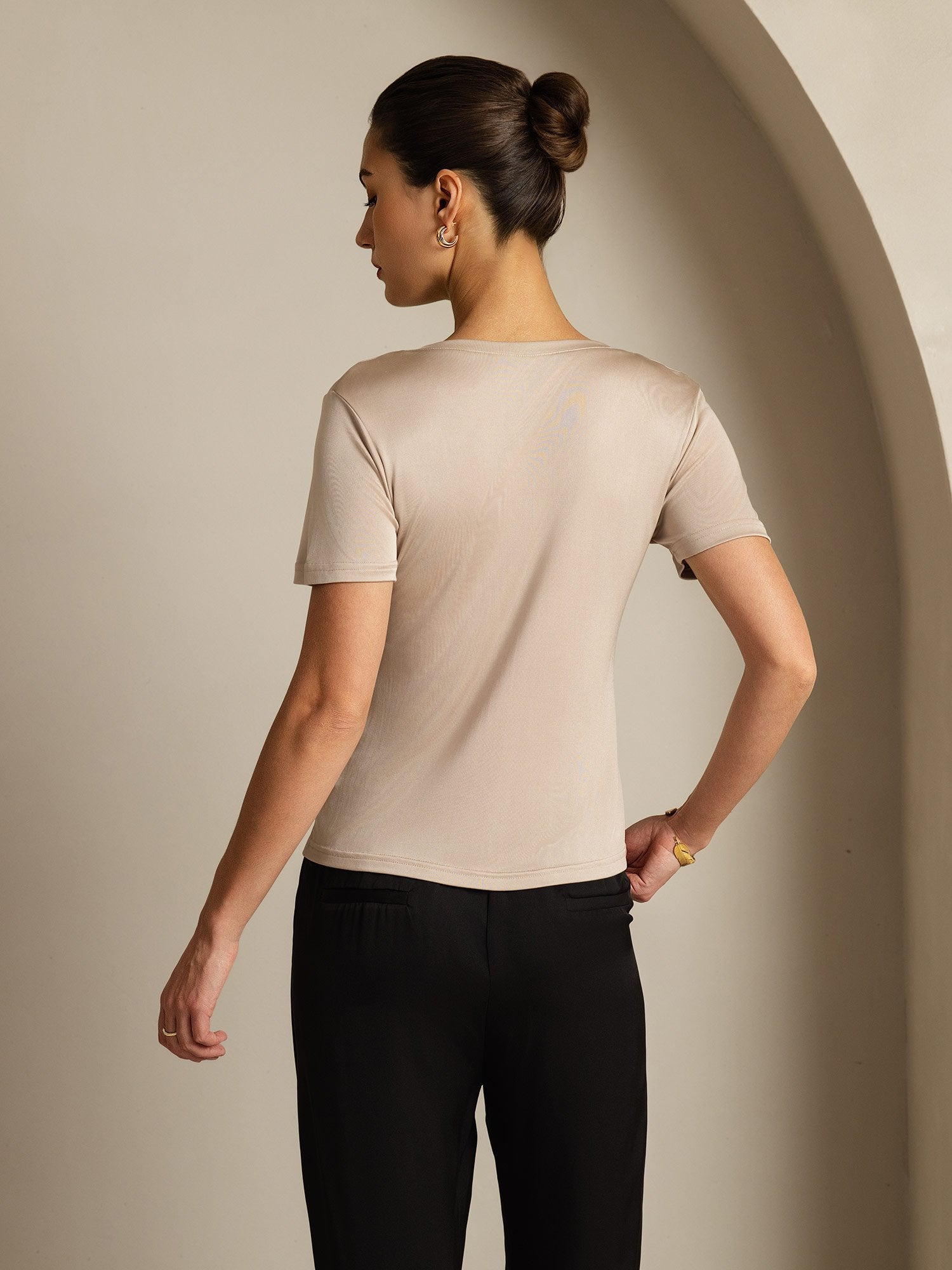[LightKhaki] SilkSilky Pure Silk V Neck Women's T-Shirt 002