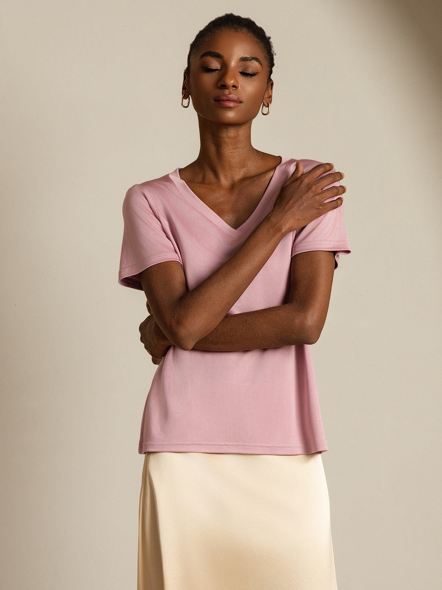 [PaleMauve] SilkSilky Pure Silk V Neck Women's T-Shirt 008