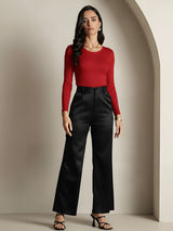 [Wine] SilkSilky  Silk Jersey Long Sleeve Round Neck Women's T-Shirt 007