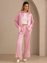 [Pink Pinstripe] SilkSilky Long Sleeve Lapel Collar Women's Outfit Sets 001