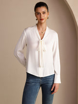 [White] SilkSilky Long Sleeve Tie Neck Women's Blouse 003