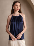 SilkSilky  19Momme Silk Blend Sleeveless Round Neck Camisole Top DarkBlue 001