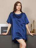 SilkSilky US Pure Silk Short Sleeve Round Neck Women's Pajamas DarkBlue 001