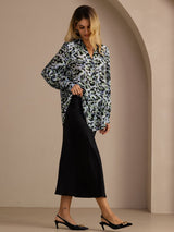 [Teal Leopard] SilkSilky Long Sleeve Lapel Collar Blouse 005