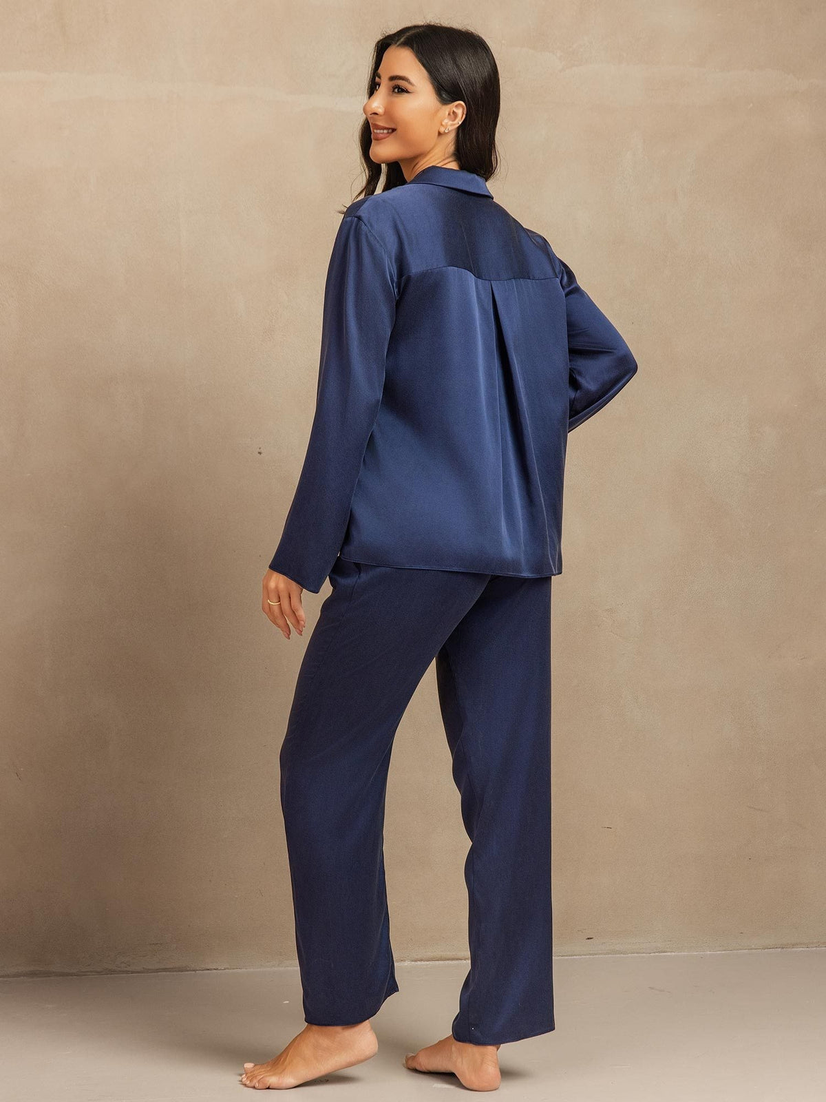 [Dark Blue] SilkSilky  Long Sleeve Lapel Collar Women's Pajamas 002