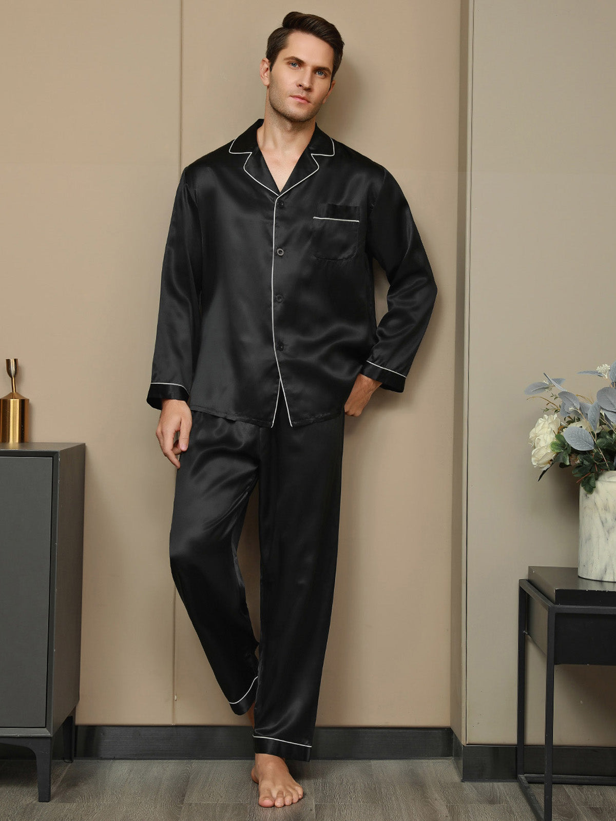 SilkSilky US 19Momme Pure Silk Long Sleeve Lapel Men's Pajamas Black 004