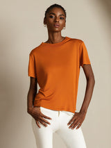 [Orange] SilkSilky  100% Silk Jersey Short Sleeve Mock Neck Women's T-Shirt 005