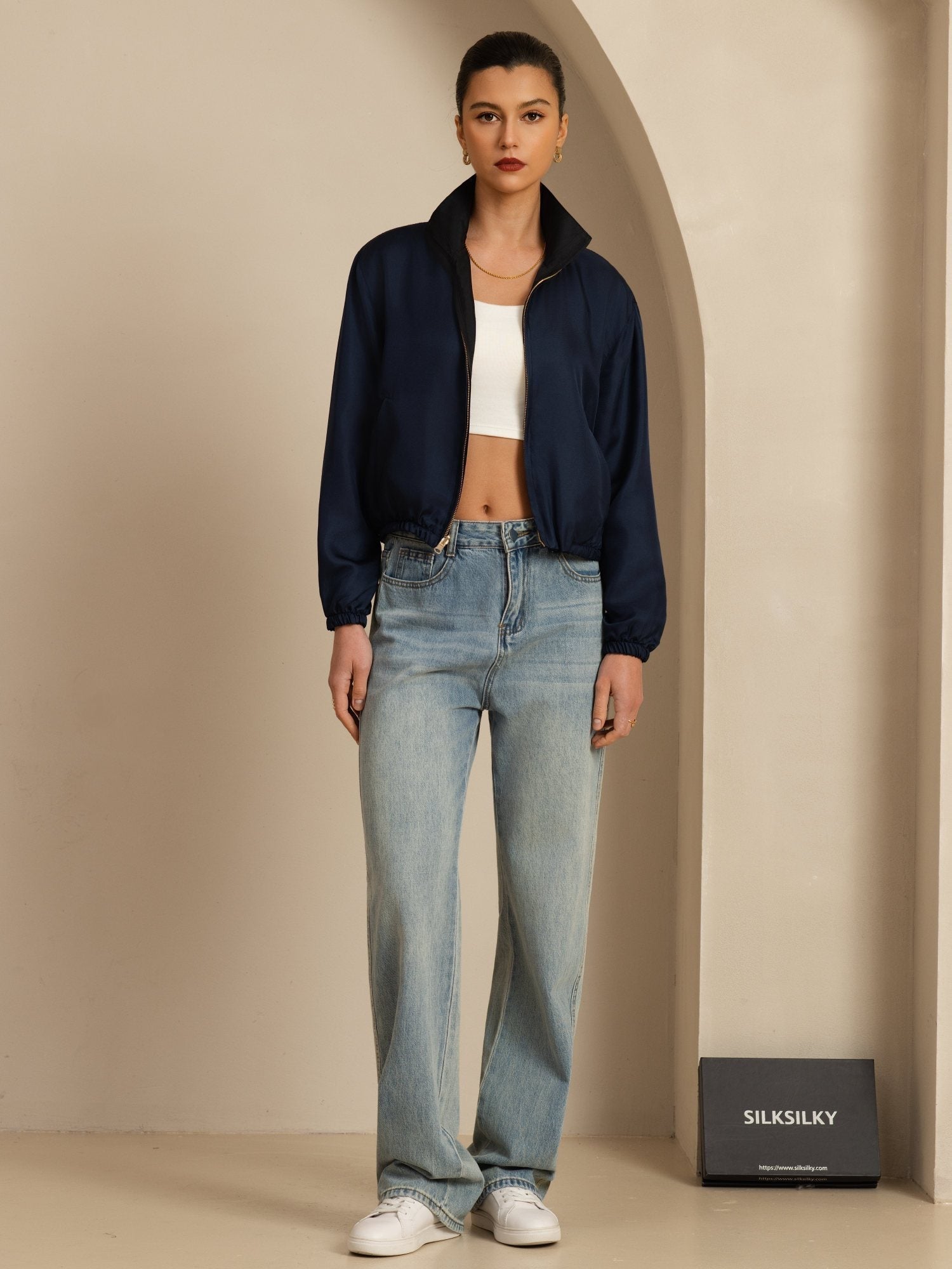 [Black+DarkBlue] SilkSilky  18Momme Silk Satin Surah Long Sleeve Stand Collar Women's Outerwear 007