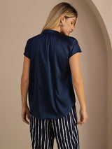[Dark Blue] SilkSilky Short Sleeve Split Women's Blouse 002