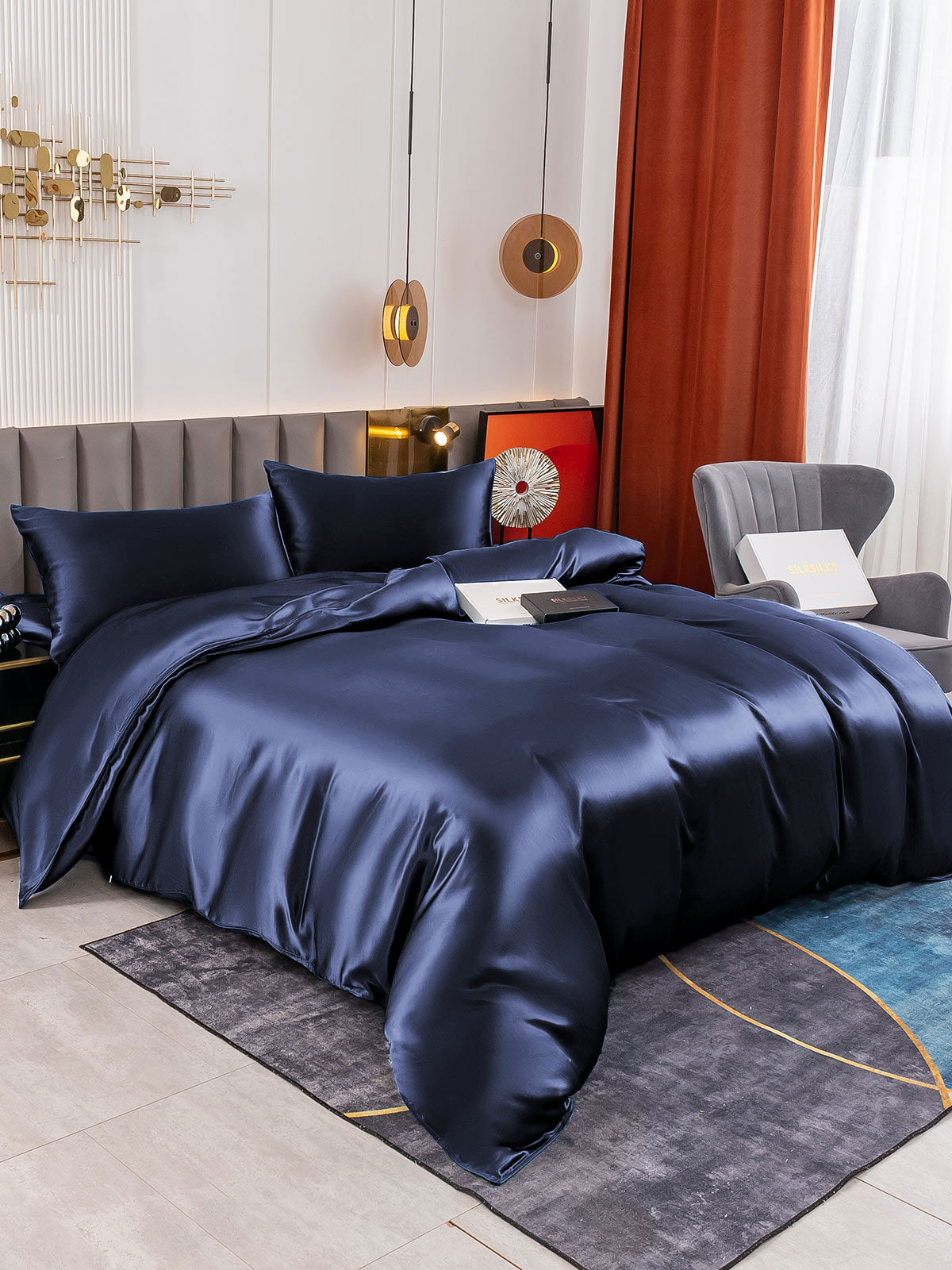 SilkSilky US 19Momme Pure Silk Bedding Set DarkBlue 003